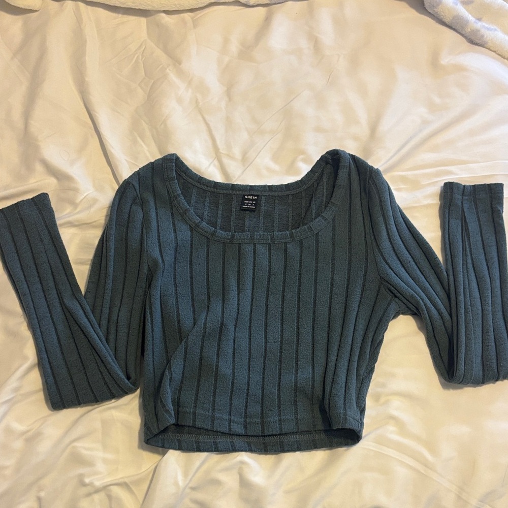 SHEIN Teal Ribbed Long Sleeve Crop Top